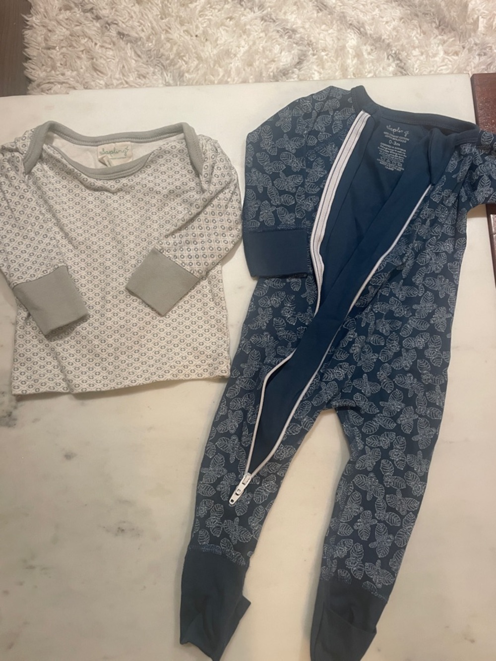 Navy Leaf-Print Footed Zip Romper with Light Grey Patterned Top